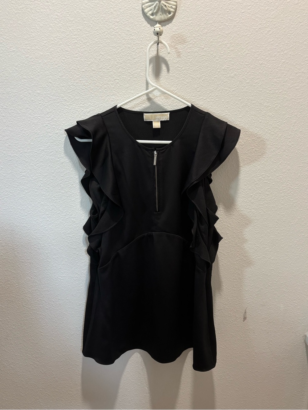 Michael Kors Black Ruffle Sleeve Zip-Front Blouse